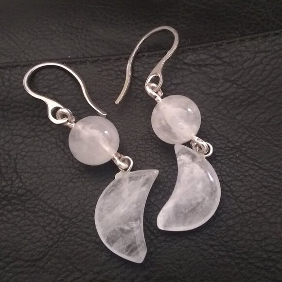 Bold & Modern Style! Genuine Crystal Quartz Moon Statement Dangle Earrings - Picture 3 of 8